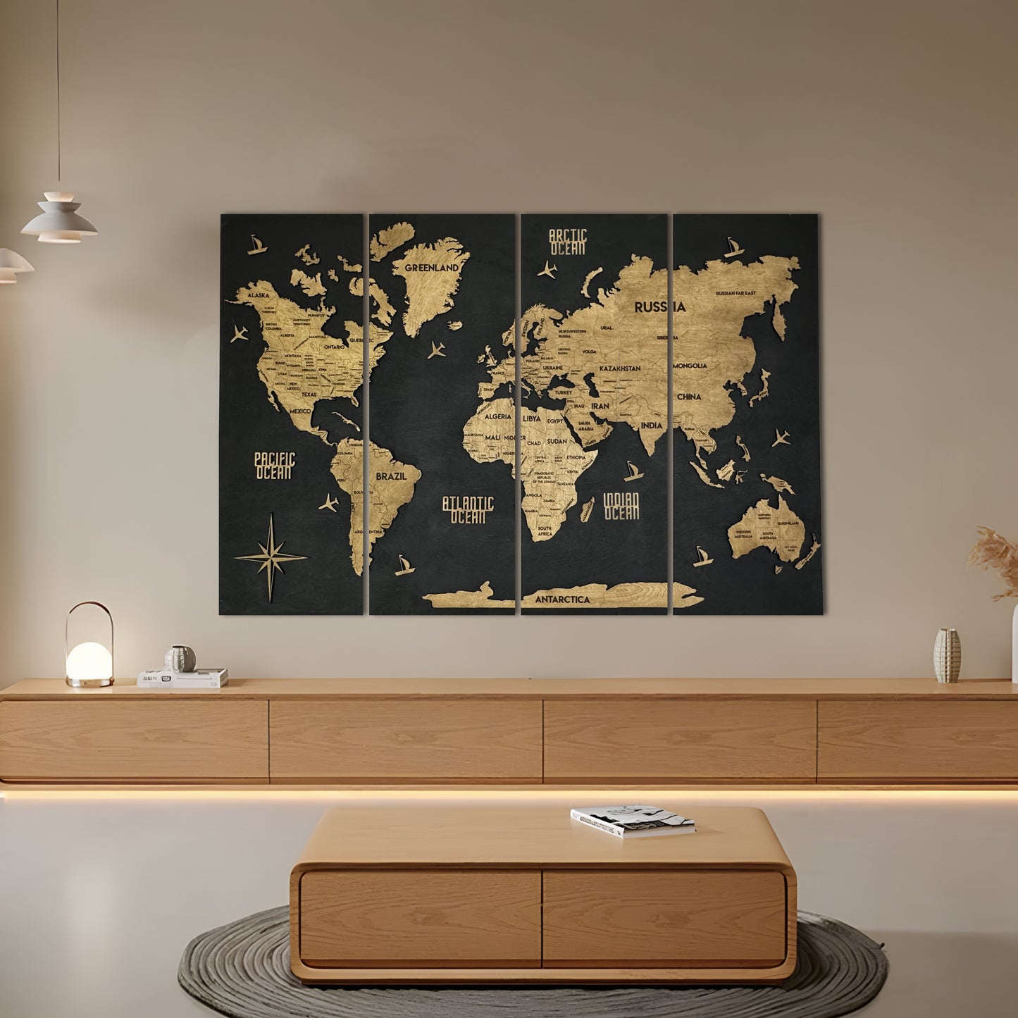 Wooden World Map Panel 6 for Wall with LED Lighting