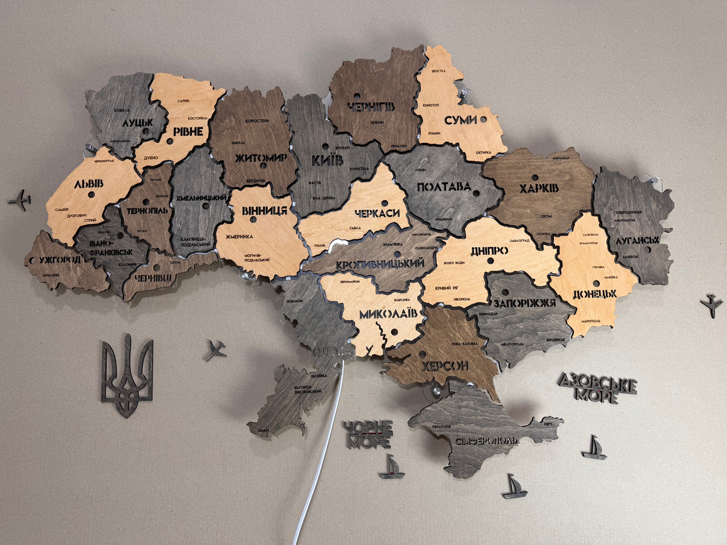 Ukraine LED map on acrylic glass with backlighting  between regions color Brut