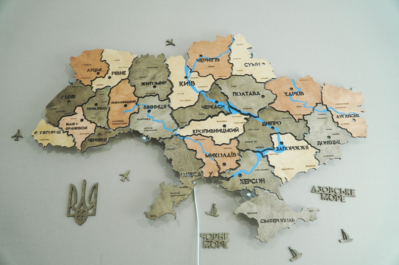 Ukraine LED map on acrylic glass with rivers and backlighting  between regions color Warm