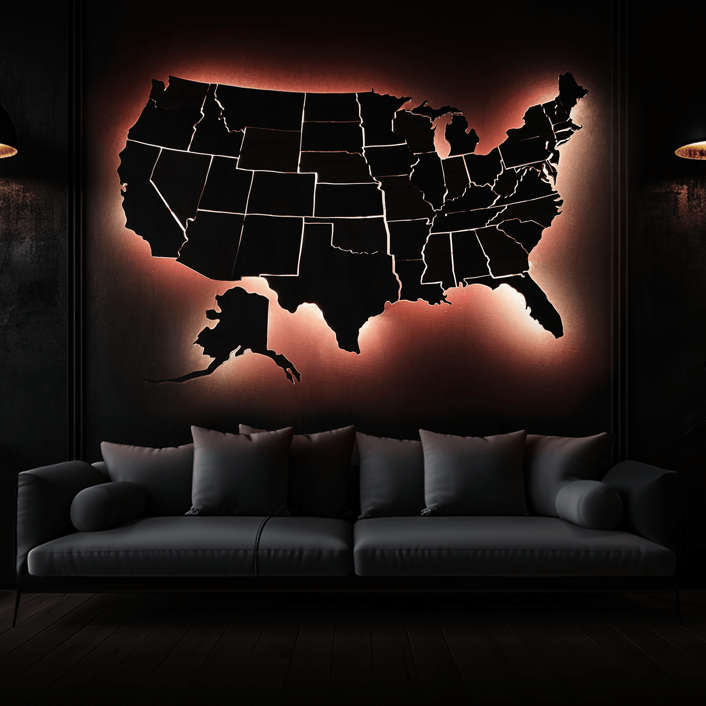 The USA LED map on acrylic glass with roads and backlighting between states color Terra