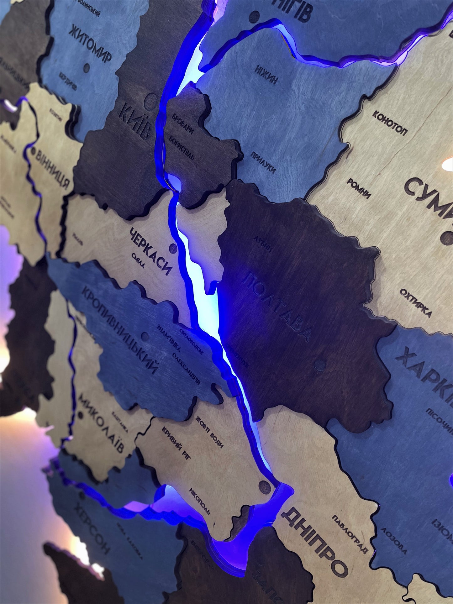 Multilayer Ukraine LED map with backlighting of rivers color Prime