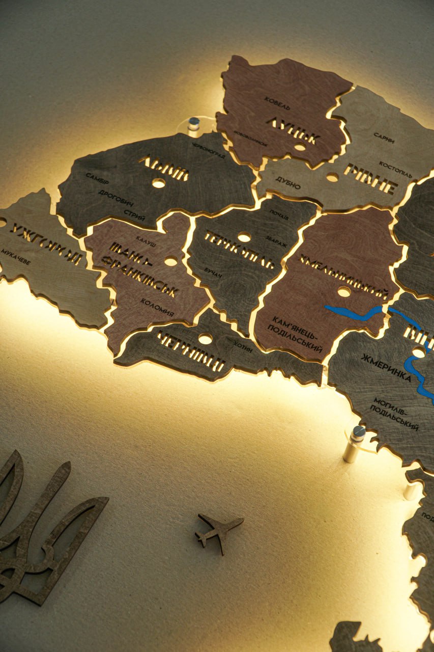 Ukraine LED map on acrylic glass with rivers and backlighting  between regions color Warm