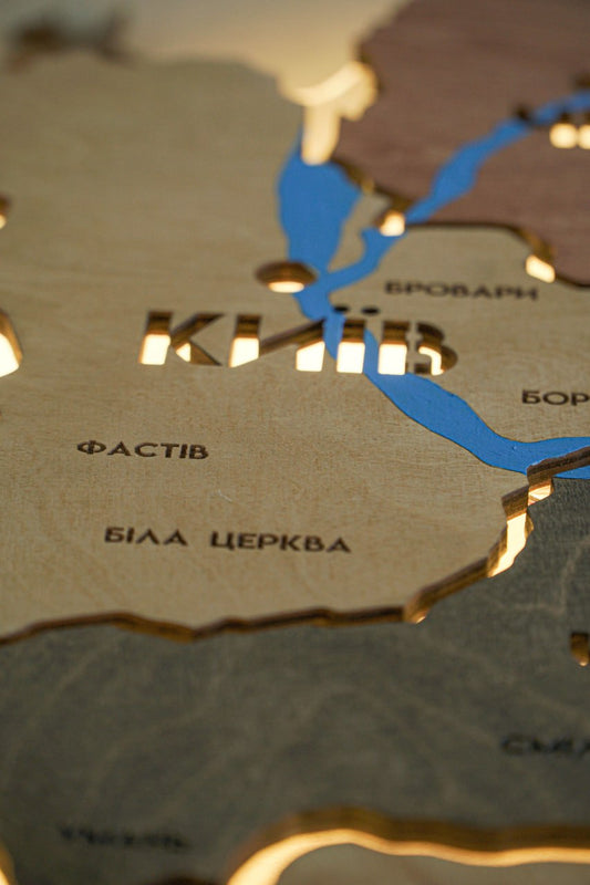 Ukraine LED map on acrylic glass with rivers and backlighting  between regions color Warm