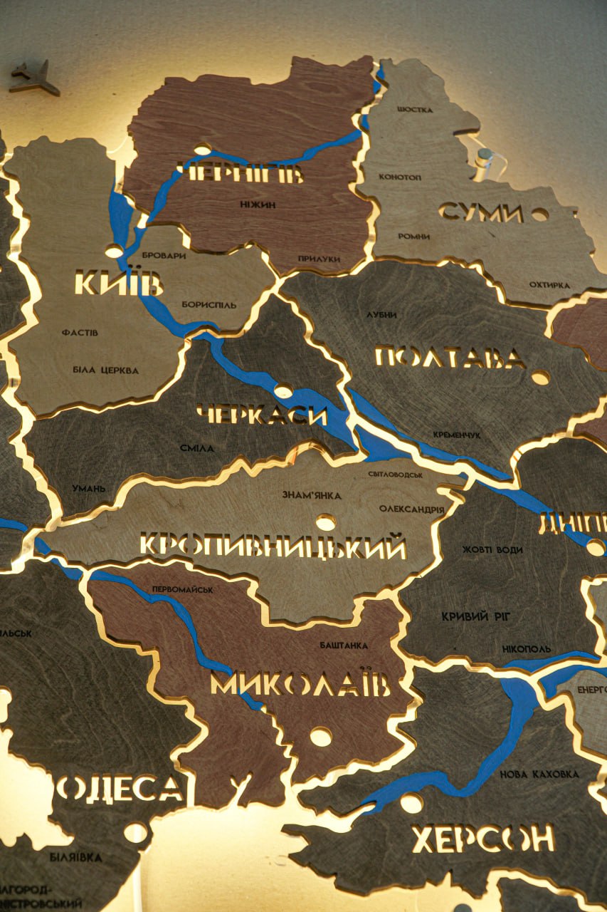 Ukraine LED map on acrylic glass with rivers and backlighting  between regions color Warm