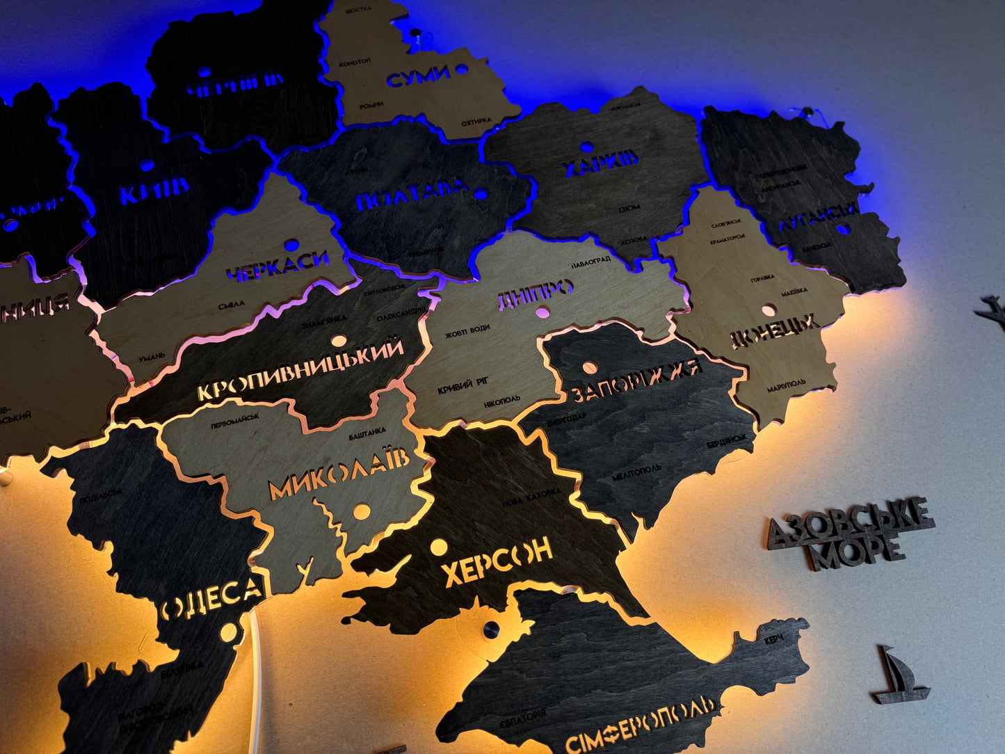 Ukraine LED map on acrylic glass with backlighting  between regions color Brut