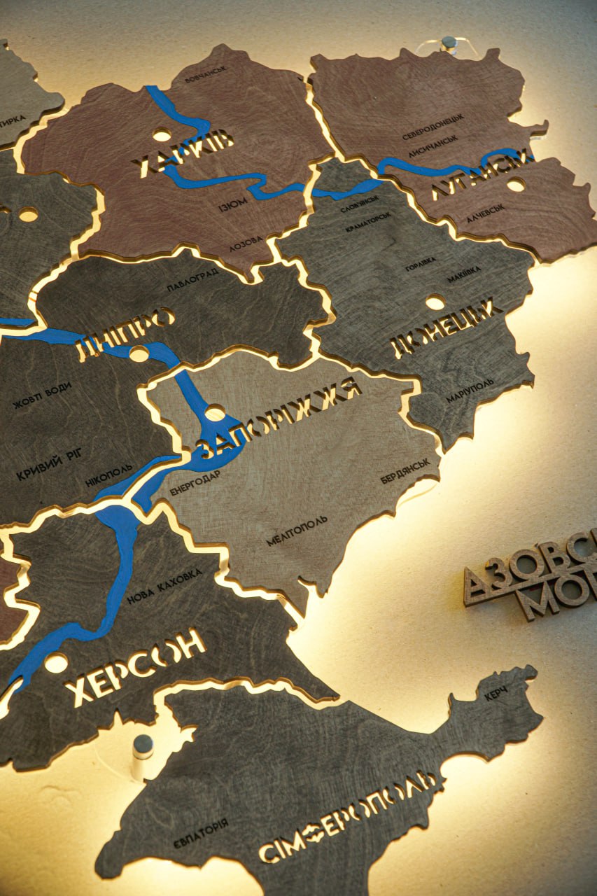 Ukraine LED map on acrylic glass with rivers and backlighting  between regions color Warm