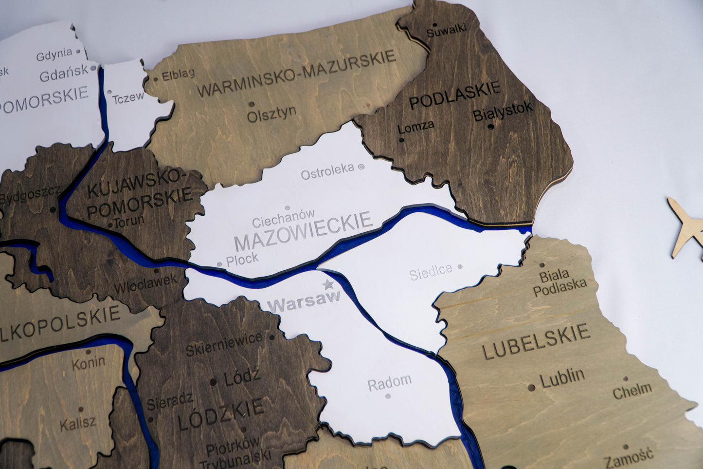 Wooden Multilayer Map of Poland with painted Rivers, color Black&White