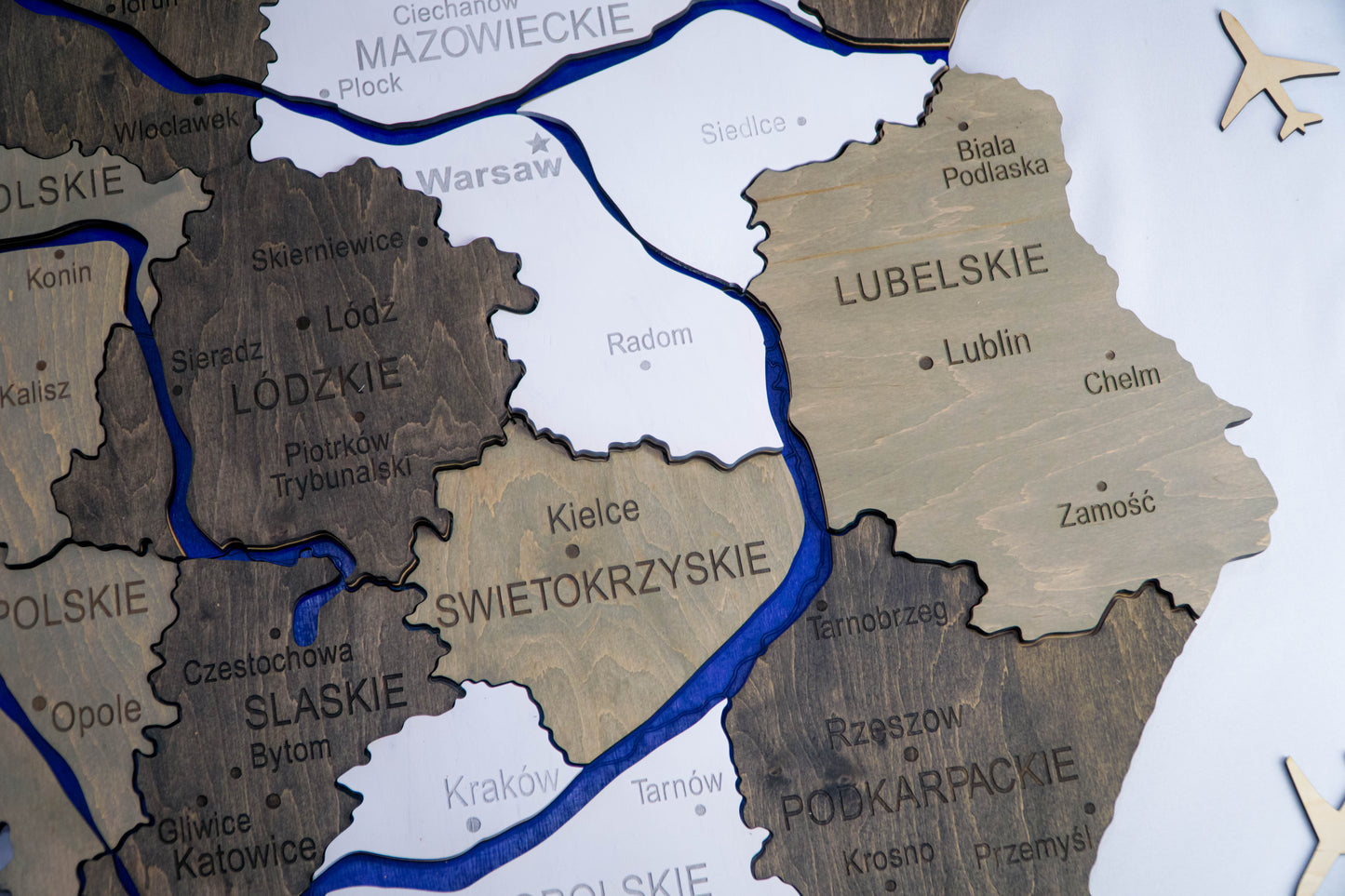 Wooden Multilayer Map of Poland with painted Rivers, color Black&White