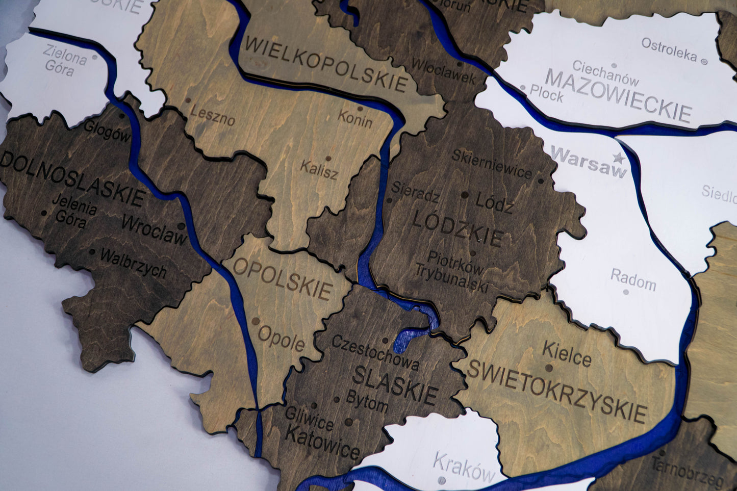 Wooden Multilayer Map of Poland with painted Rivers, color Black&White