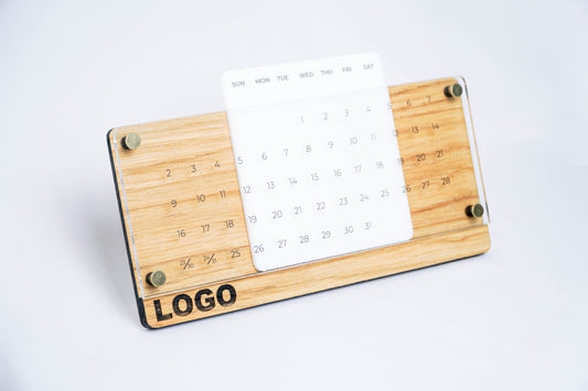 Universal Wooden Desk Calendar with Acrylic, Natural Oak Wood Logo