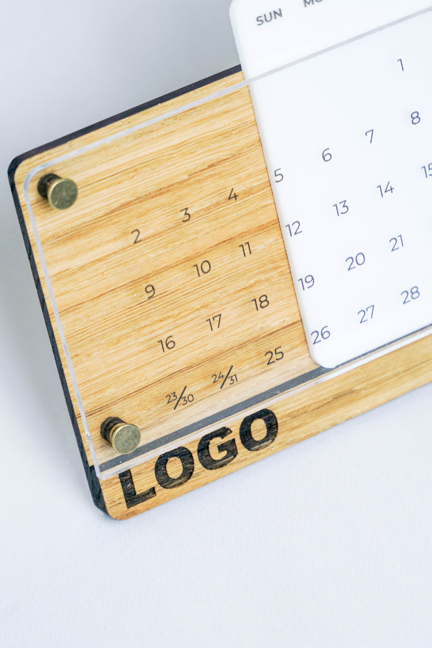 Universal Wooden Desk Calendar with Acrylic, Natural Oak Wood Logo