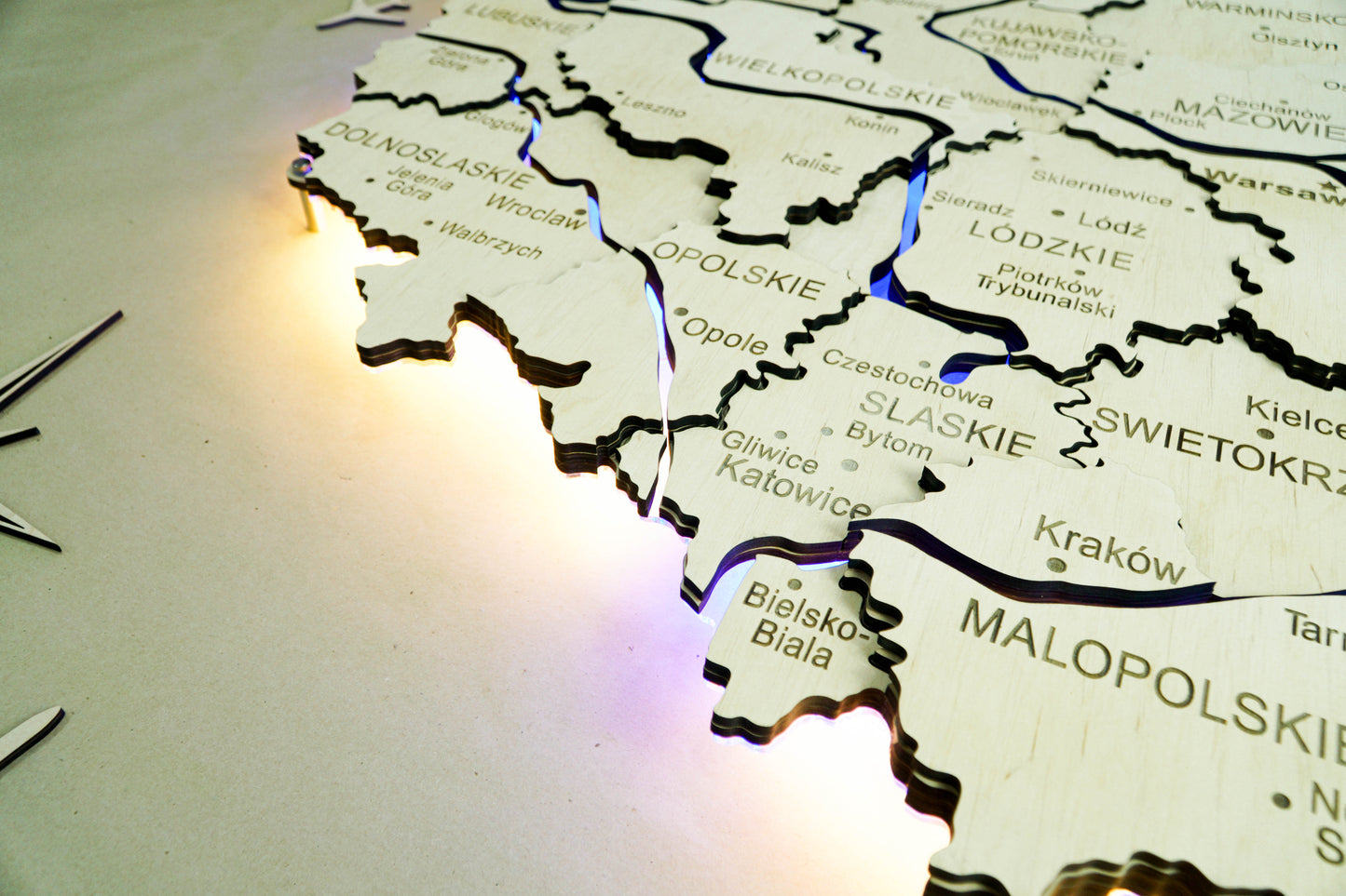 Wooden Multilayer Map of Poland with Illuminated Rivers, color Natural