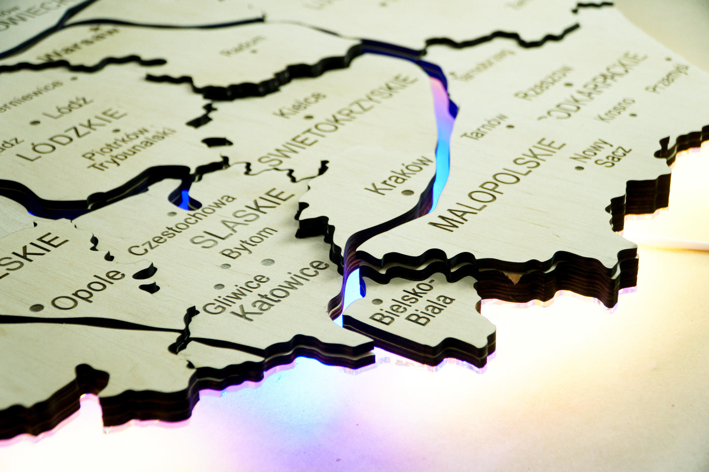 Wooden Multilayer Map of Poland with Illuminated Rivers, color Natural