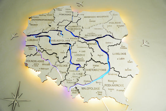 Wooden Multilayer Map of Poland with Illuminated Rivers, color Natural