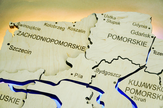 Wooden Multilayer Map of Poland with Illuminated Rivers, color Natural