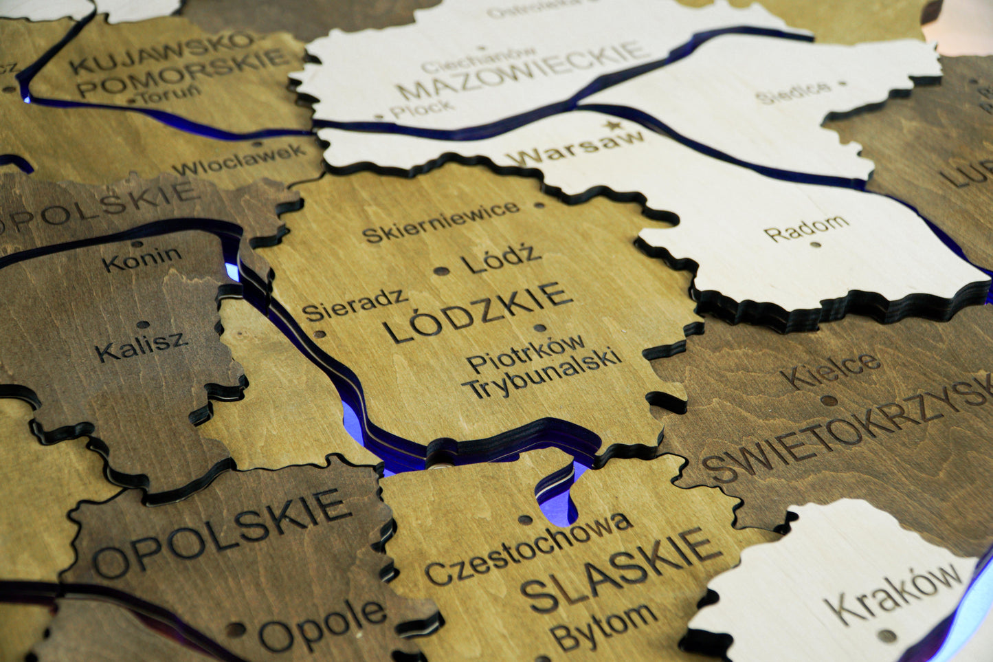 Wooden Multilayer Map of Poland with Illuminated Rivers, color Wonder