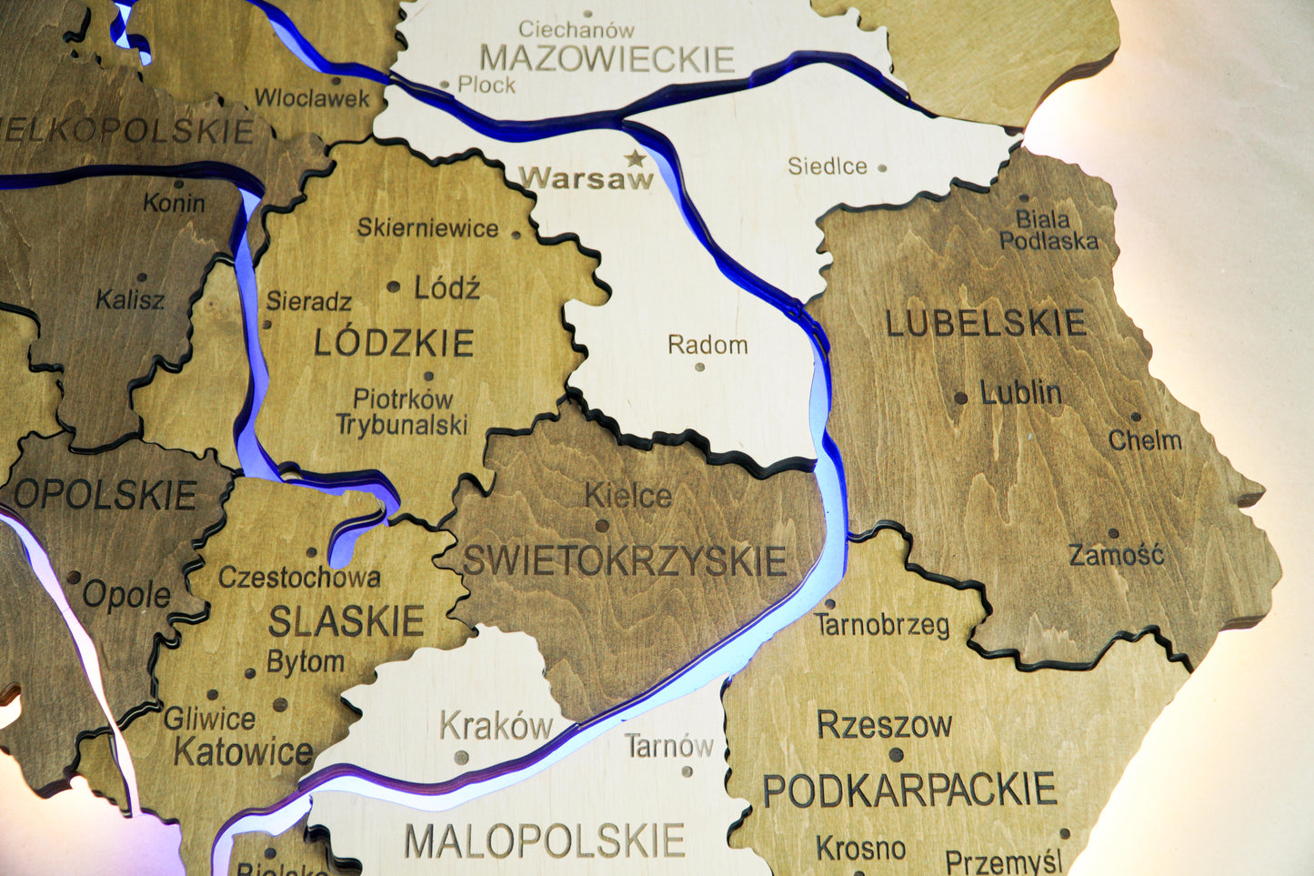 Wooden Multilayer Map of Poland with Illuminated Rivers, color Wonder