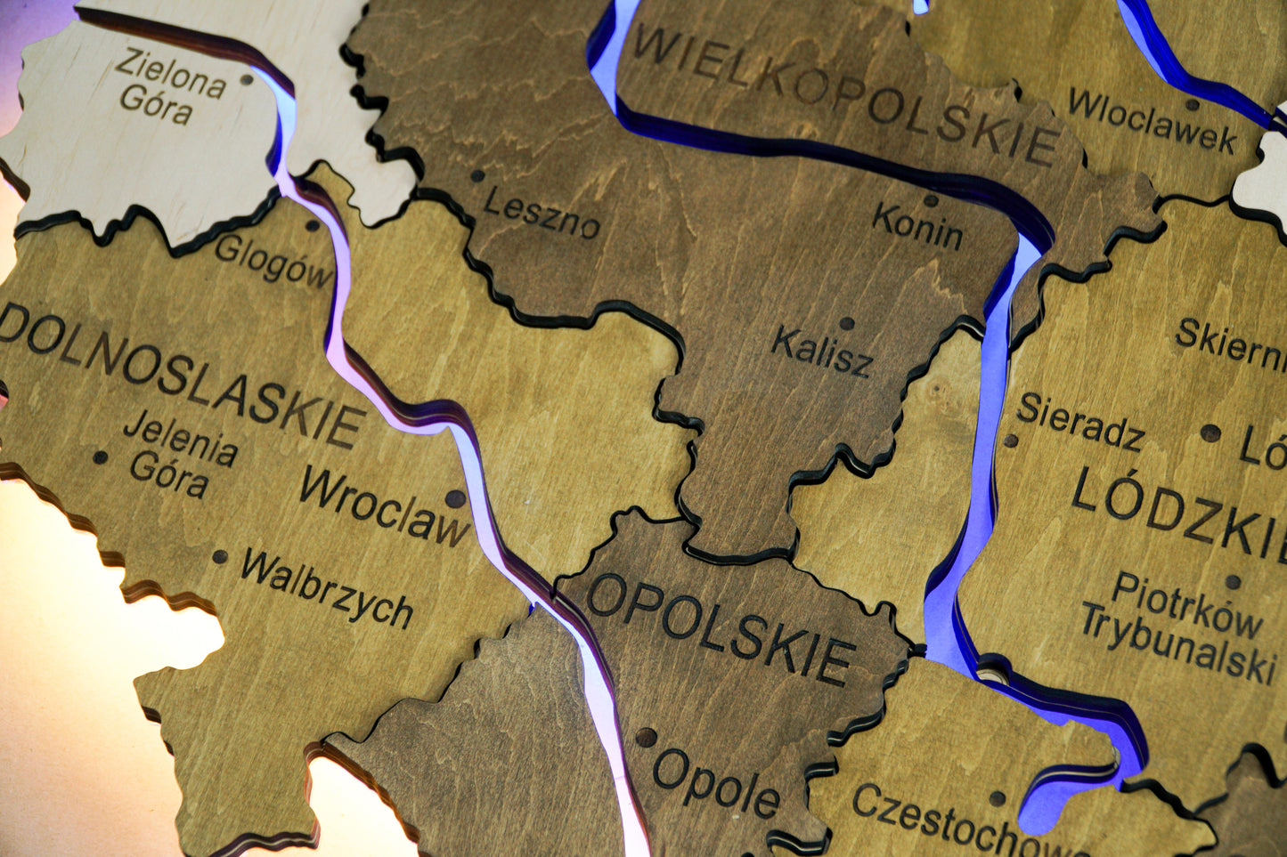 Wooden Multilayer Map of Poland with Illuminated Rivers, color Wonder