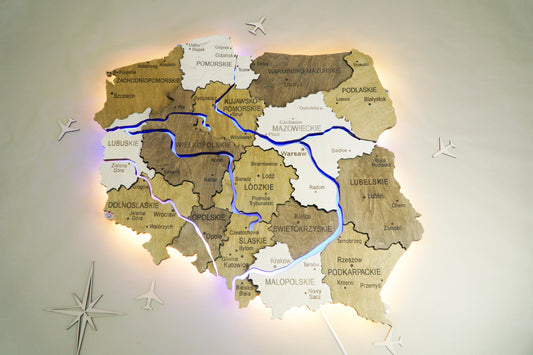 Wooden Multilayer Map of Poland with Illuminated Rivers, color Wonder