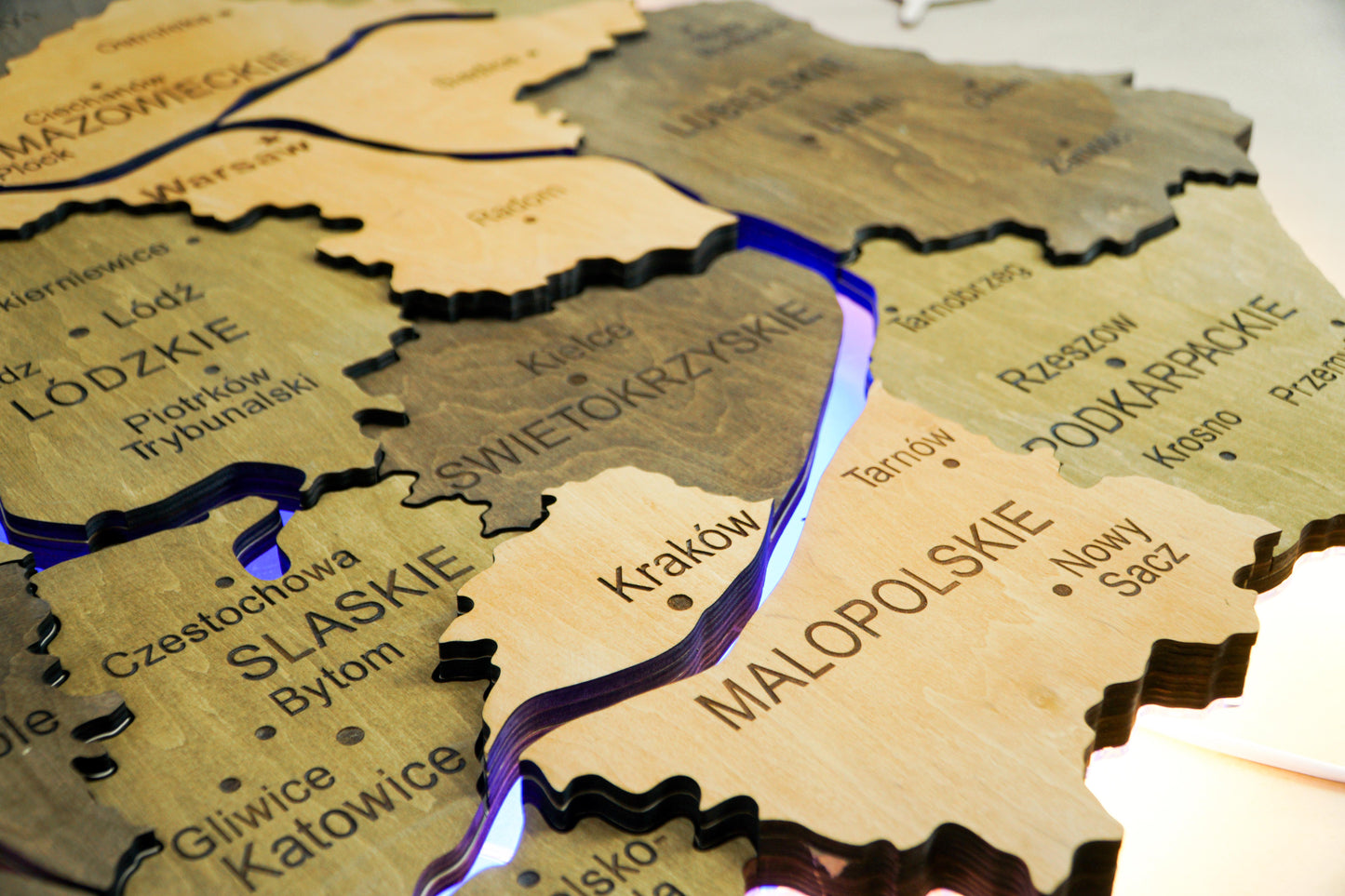 Wooden Multilayer Map of Poland with Illuminated Rivers, color Elis