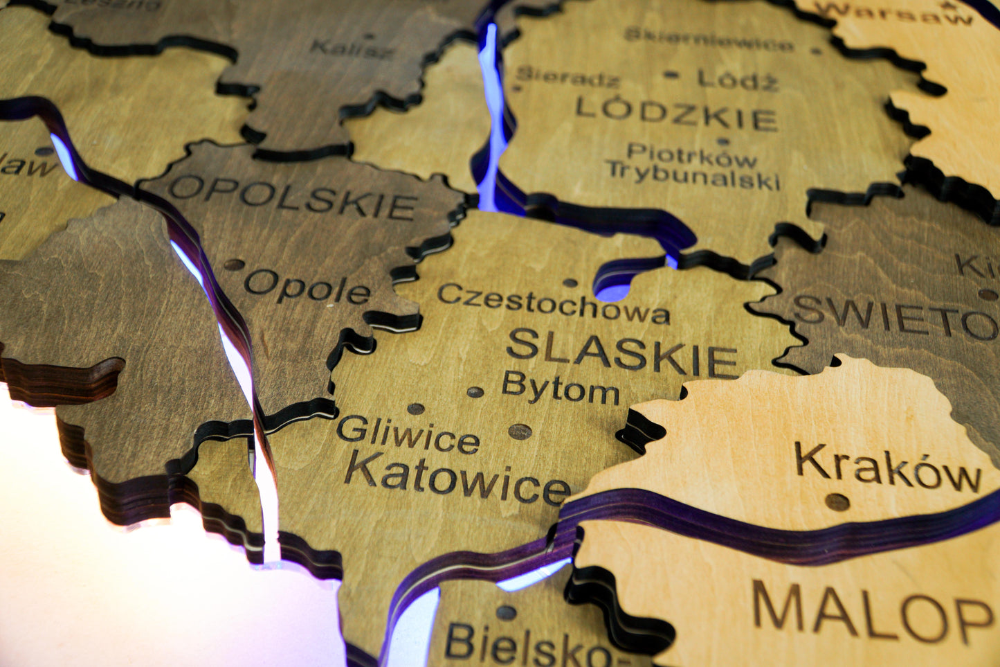 Wooden Multilayer Map of Poland with Illuminated Rivers, color Elis