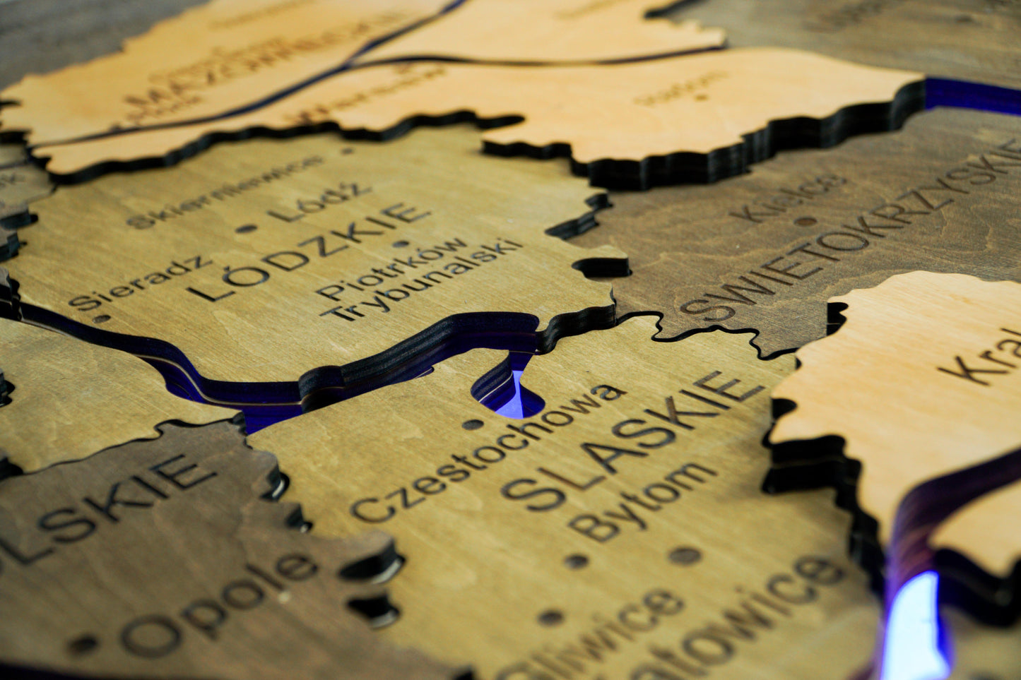 Wooden Multilayer Map of Poland with Illuminated Rivers, color Elis