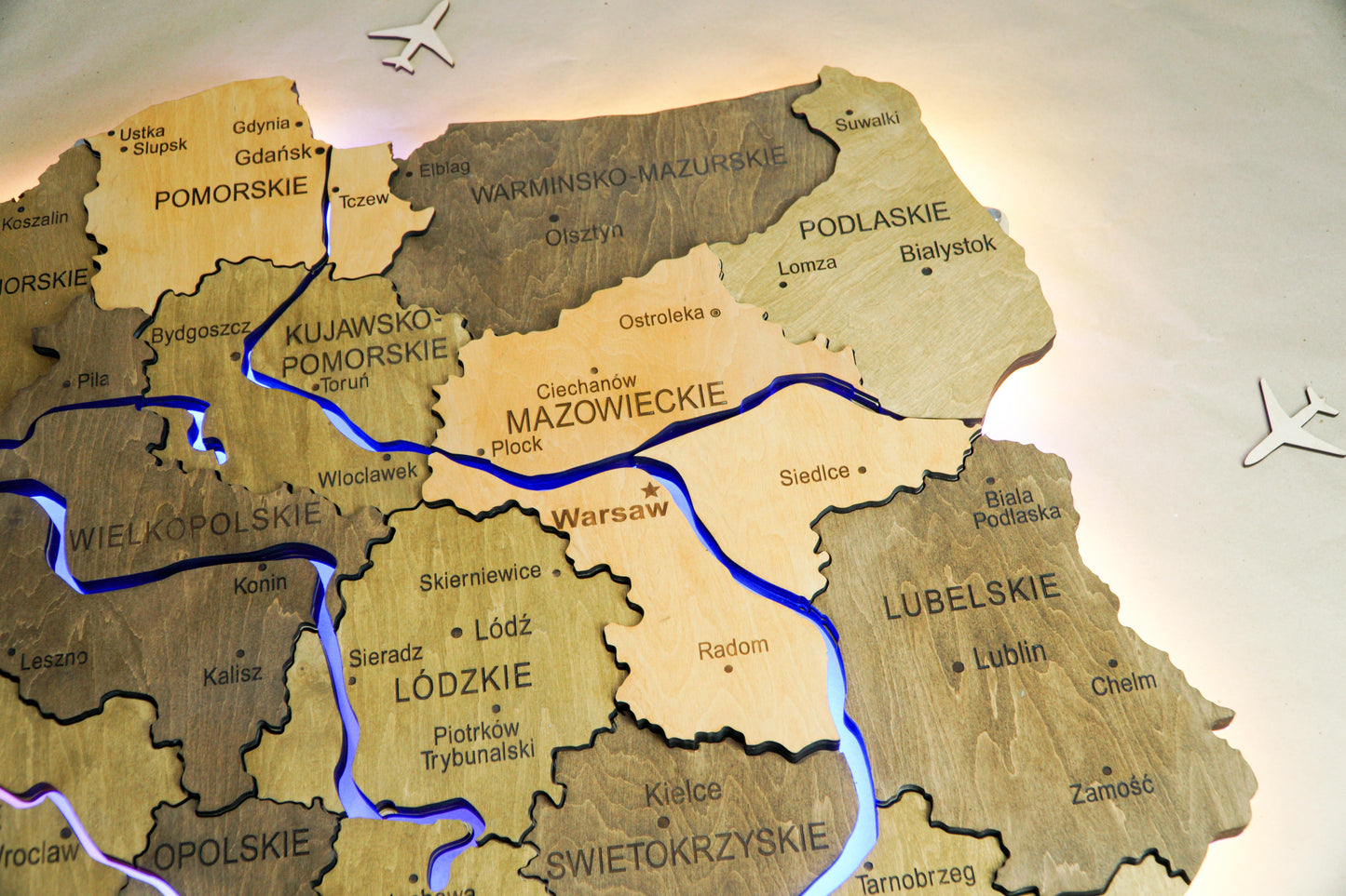 Wooden Multilayer Map of Poland with Illuminated Rivers, color Elis