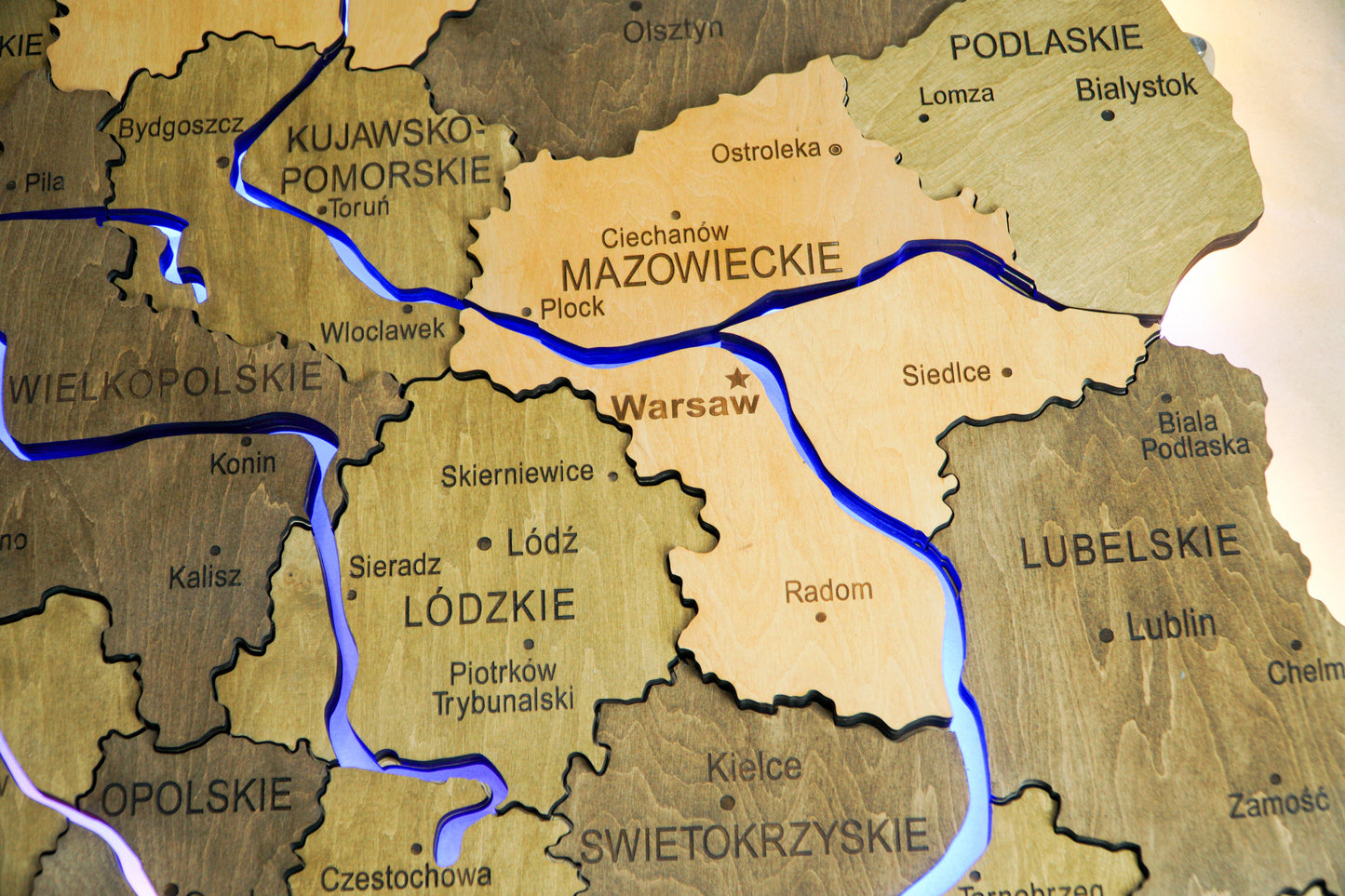 Wooden Multilayer Map of Poland with Illuminated Rivers, color Elis