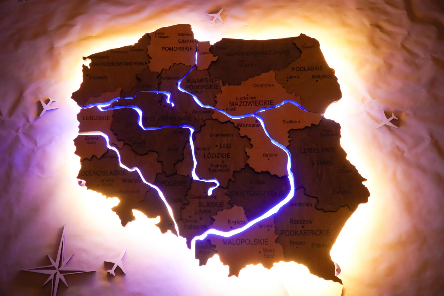 Wooden Multilayer Map of Poland with Illuminated Rivers, color Elis