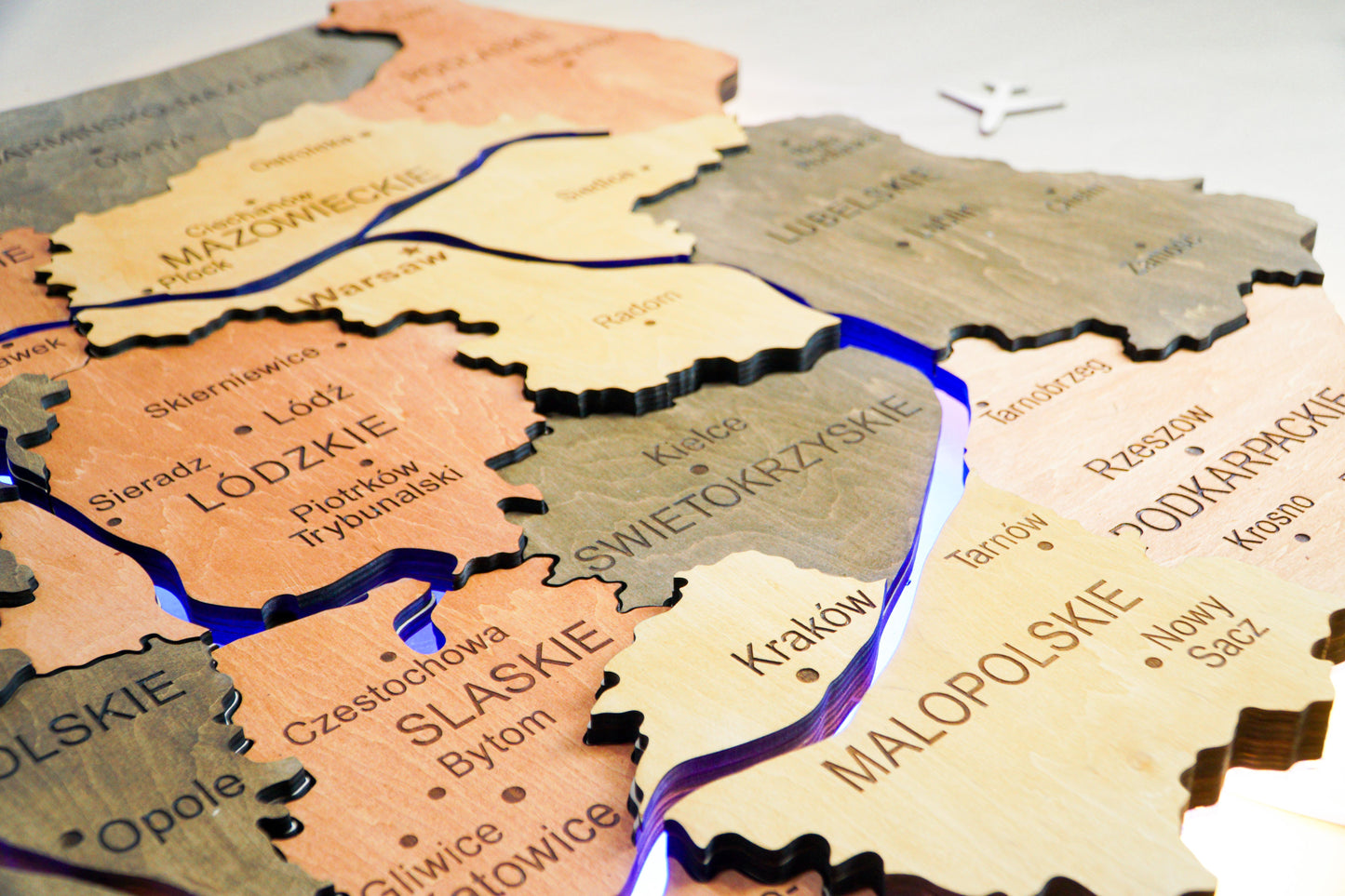 Wooden Multilayer Map of Poland with Illuminated Rivers, color Warm