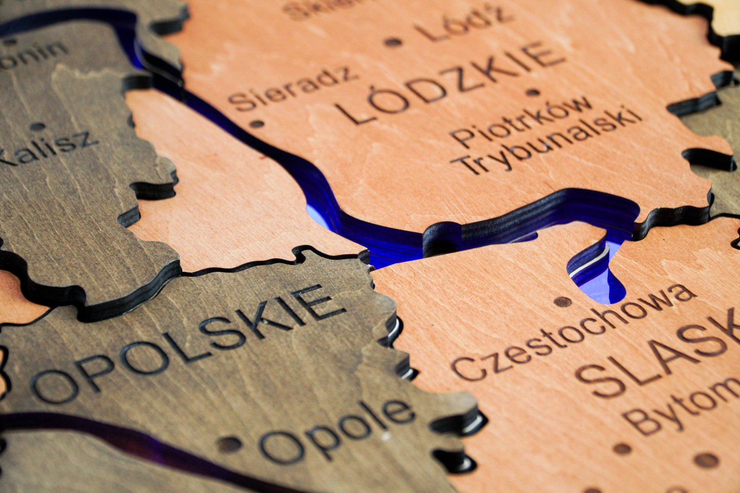 Wooden Multilayer Map of Poland with Illuminated Rivers, color Warm