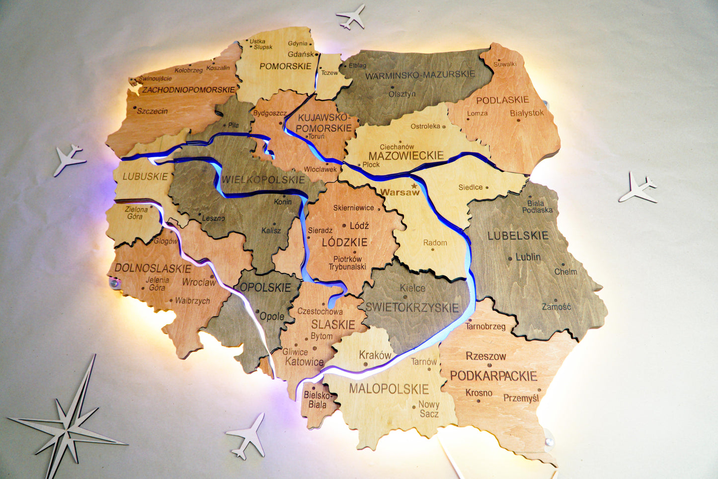 Wooden Multilayer Map of Poland with Illuminated Rivers, color Warm