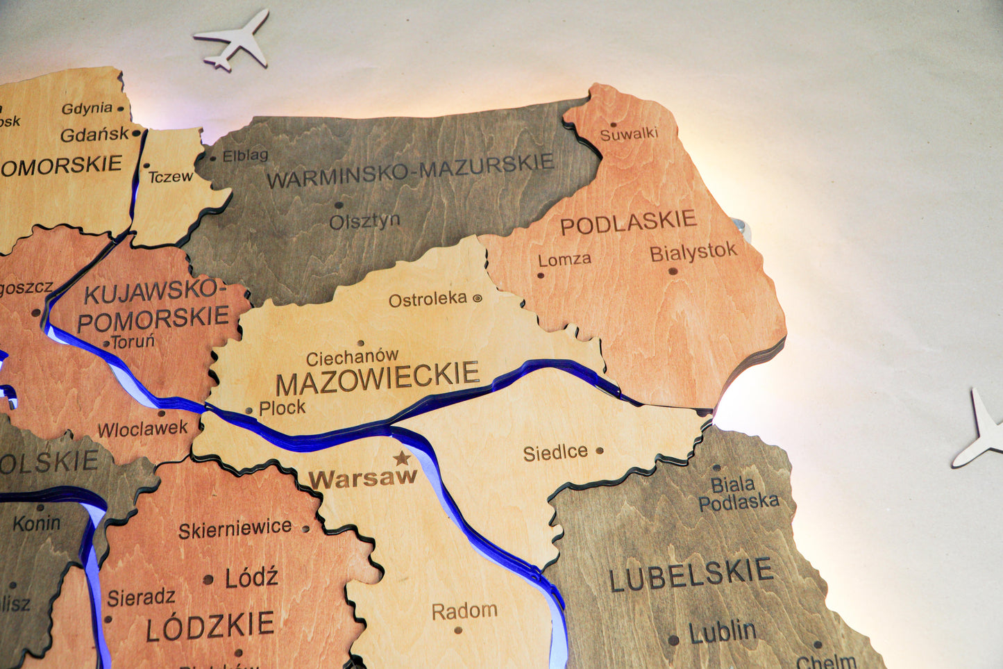 Wooden Multilayer Map of Poland with Illuminated Rivers, color Warm