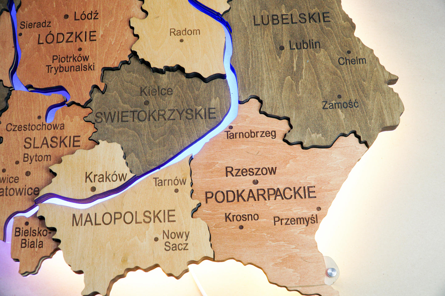 Wooden Multilayer Map of Poland with Illuminated Rivers, color Warm