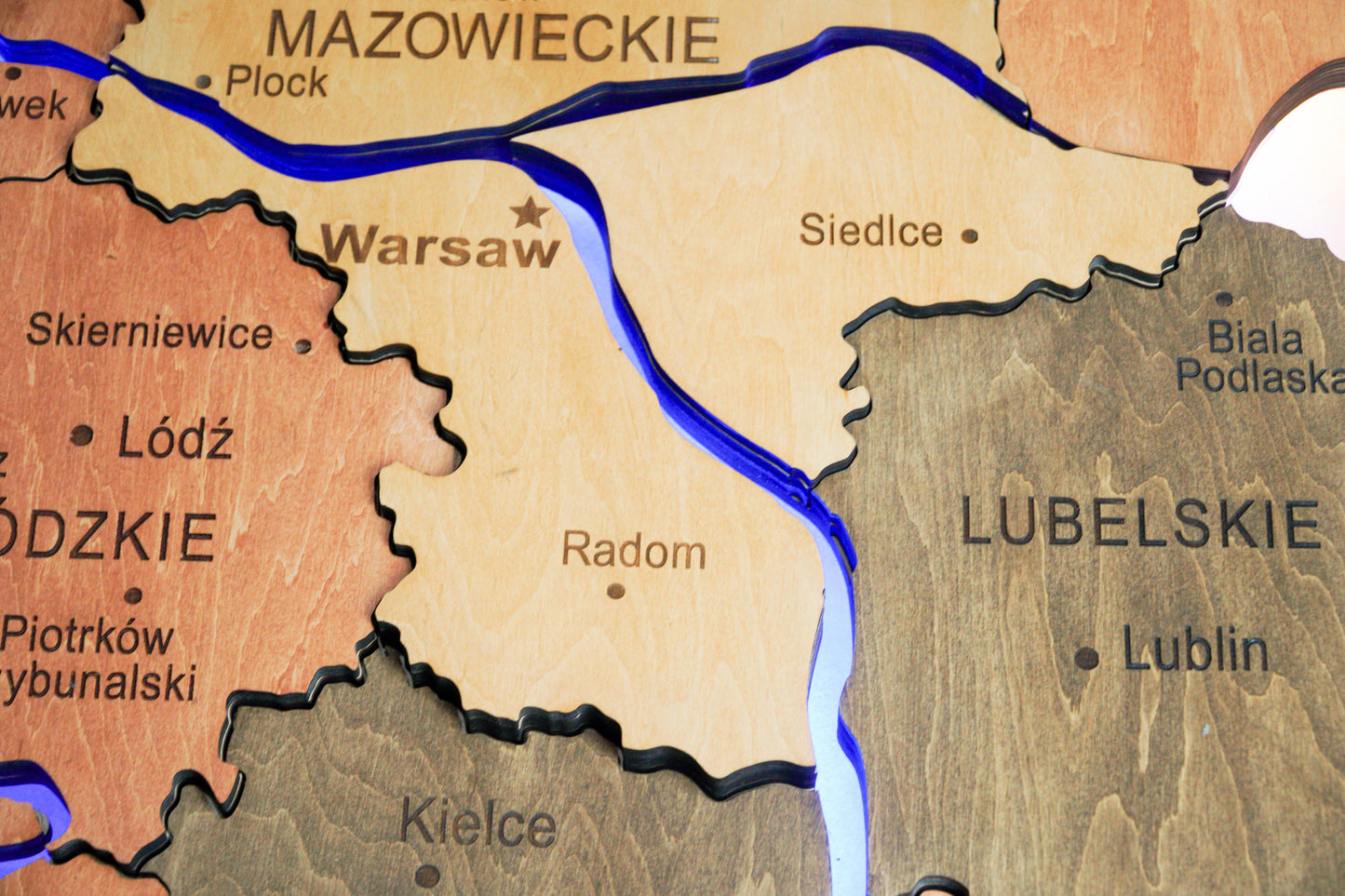 Wooden Multilayer Map of Poland with Illuminated Rivers, color Warm