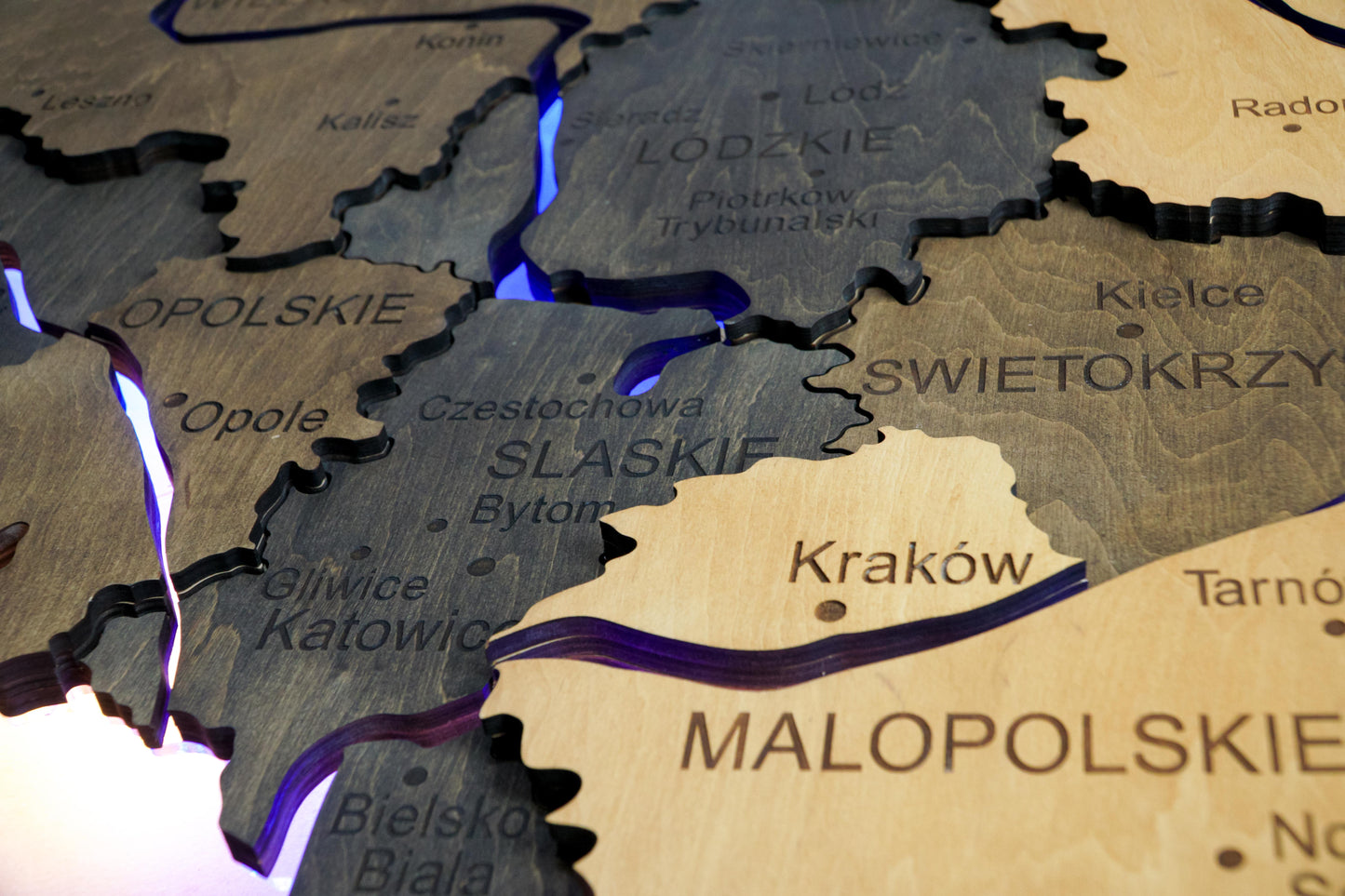 Wooden Multilayer Map of Poland with Illuminated Rivers, color Brute