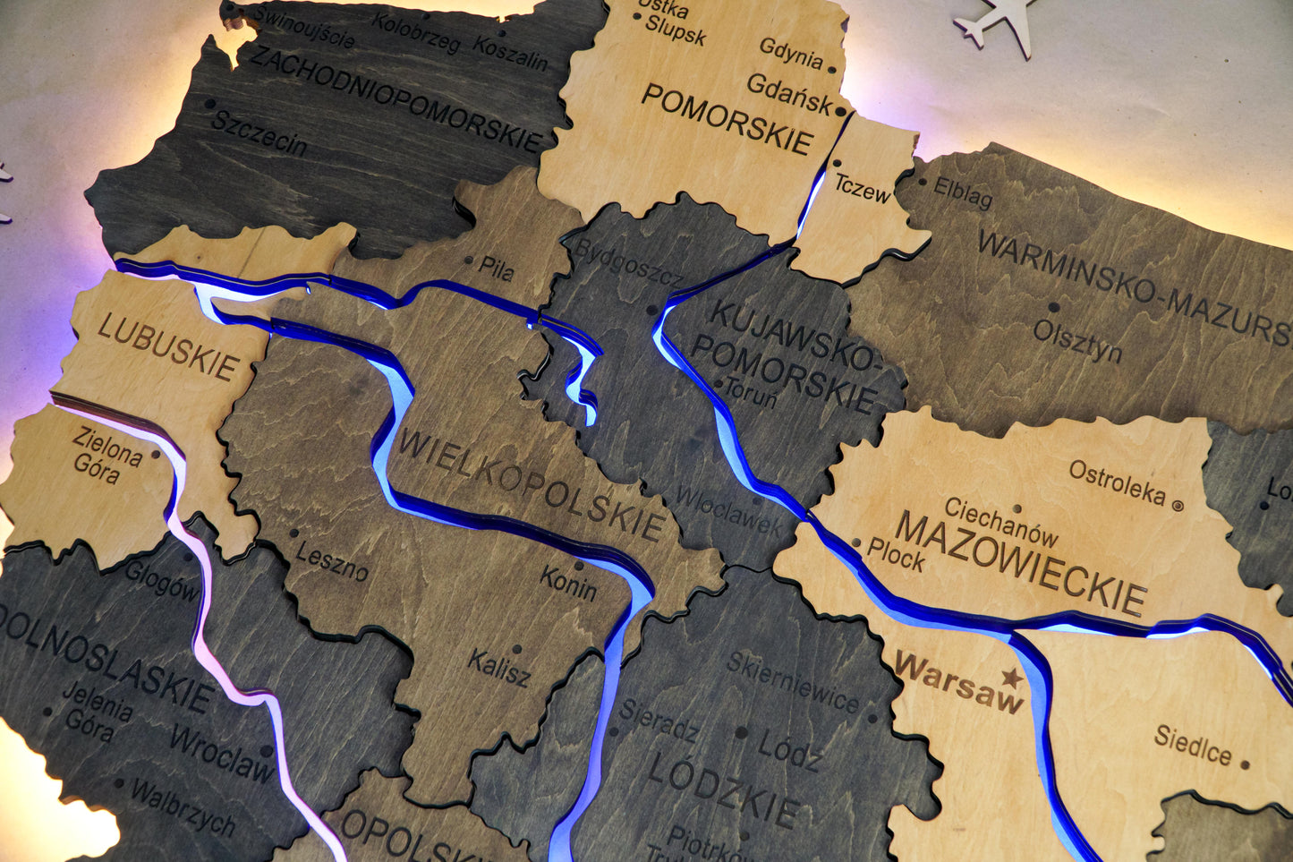 Wooden Multilayer Map of Poland with Illuminated Rivers, color Brute