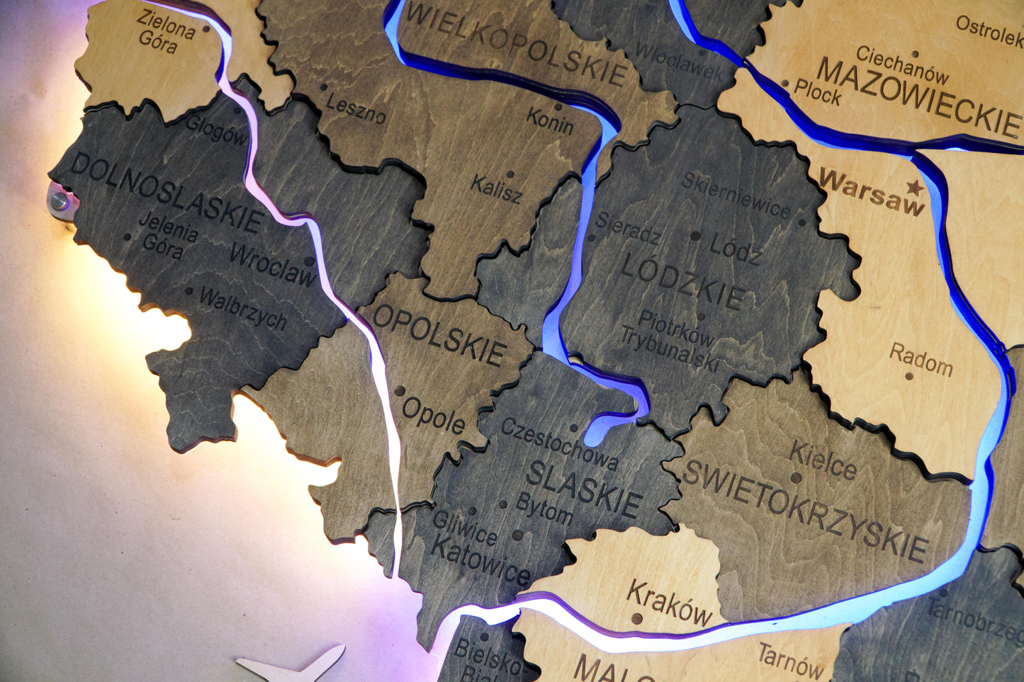 Wooden Multilayer Map of Poland with Illuminated Rivers, color Brute