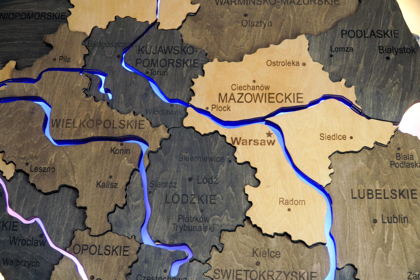 Wooden Multilayer Map of Poland with Illuminated Rivers, color Brute