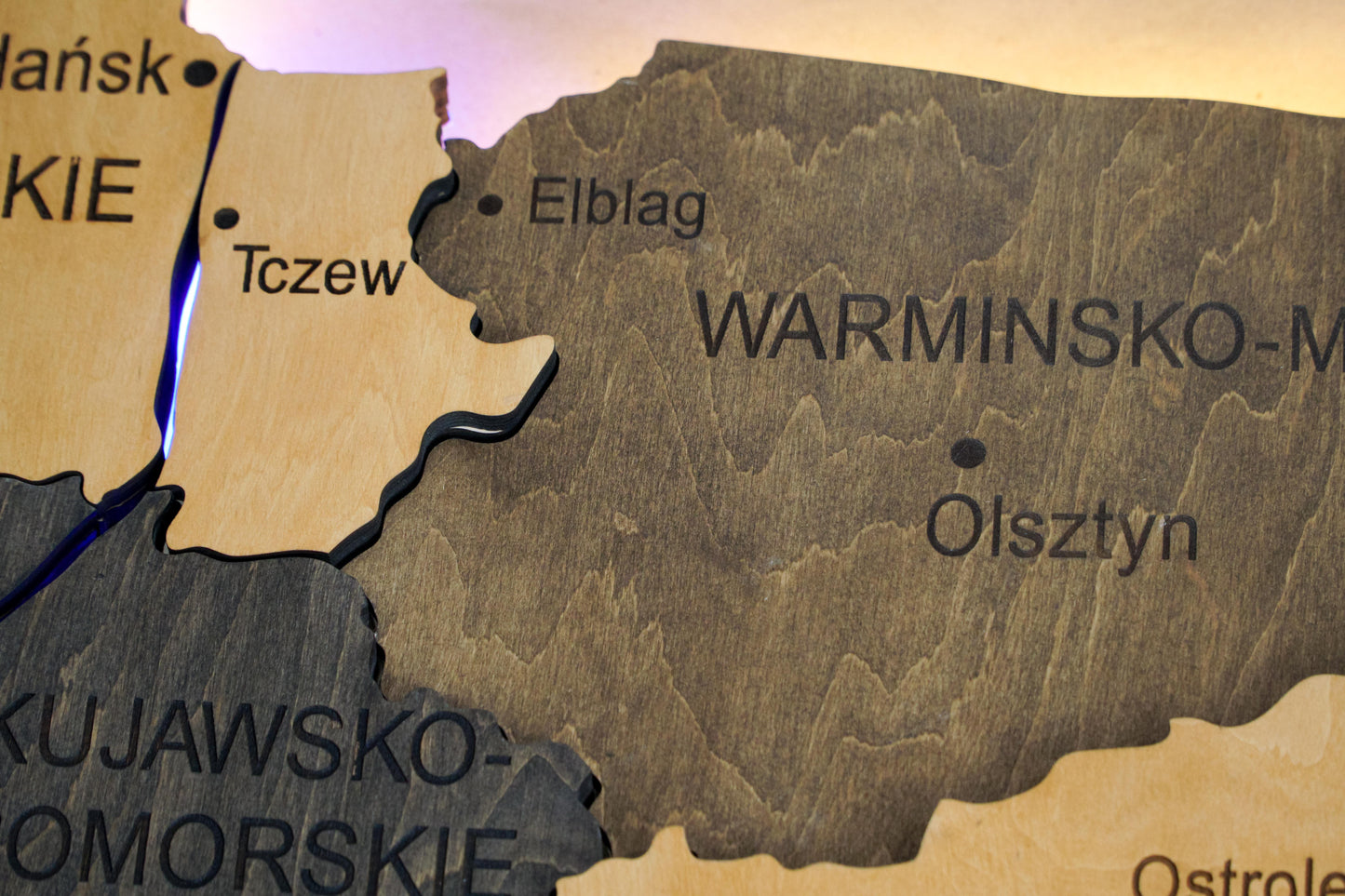 Wooden Multilayer Map of Poland with Illuminated Rivers, color Brute