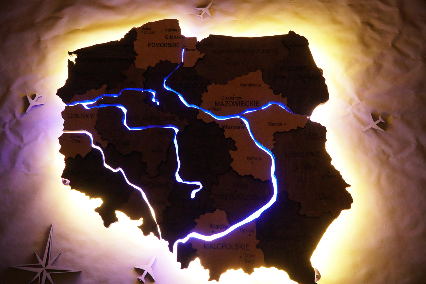 Wooden Multilayer Map of Poland with Illuminated Rivers, color Brute