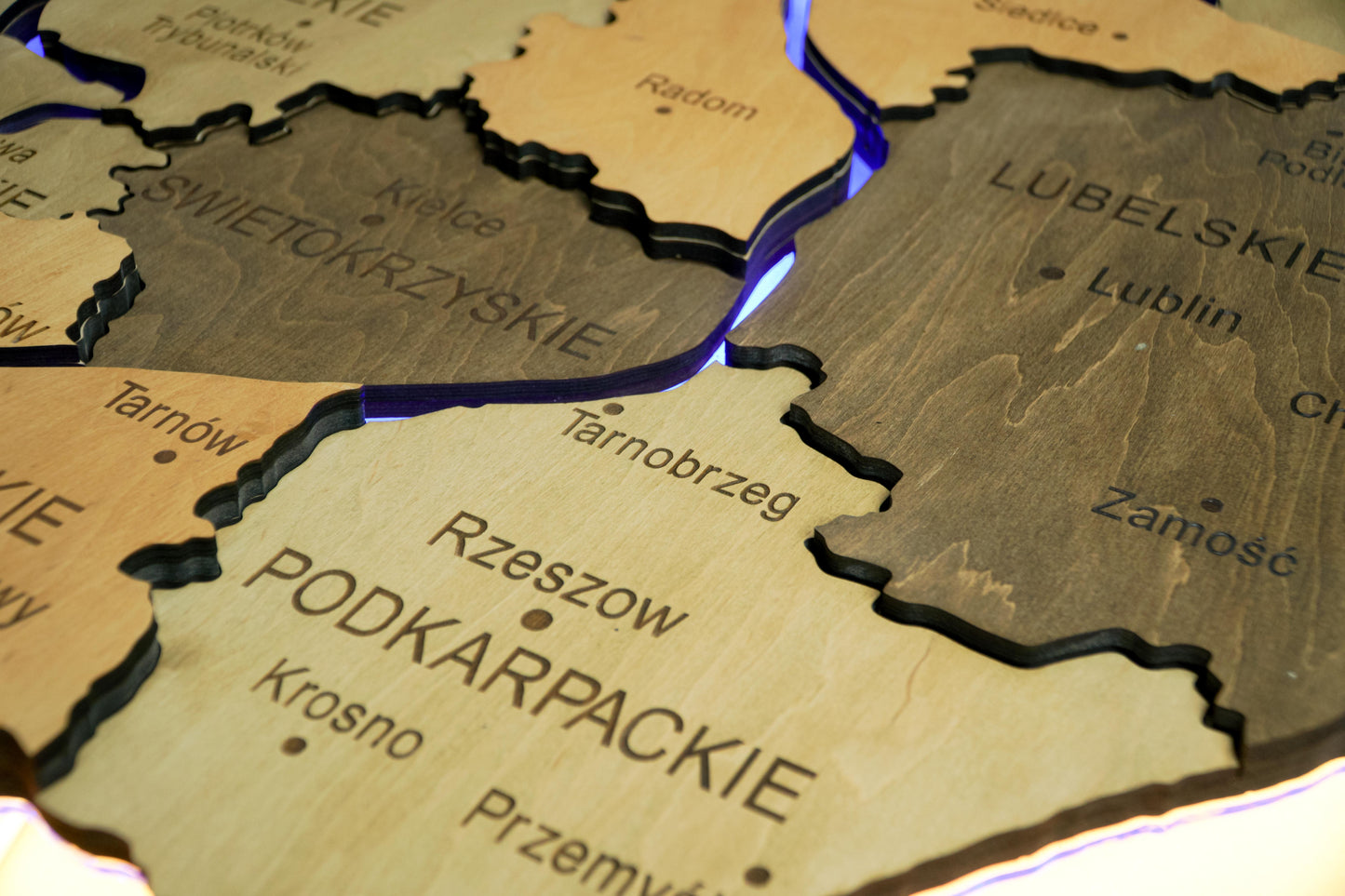 Wooden Multilayer Map of Poland with Illuminated Rivers, color Light Tree