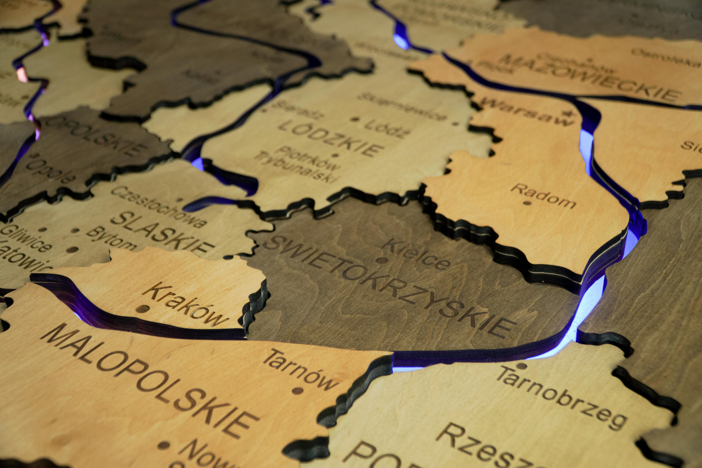 Wooden Multilayer Map of Poland with Illuminated Rivers, color Light Tree