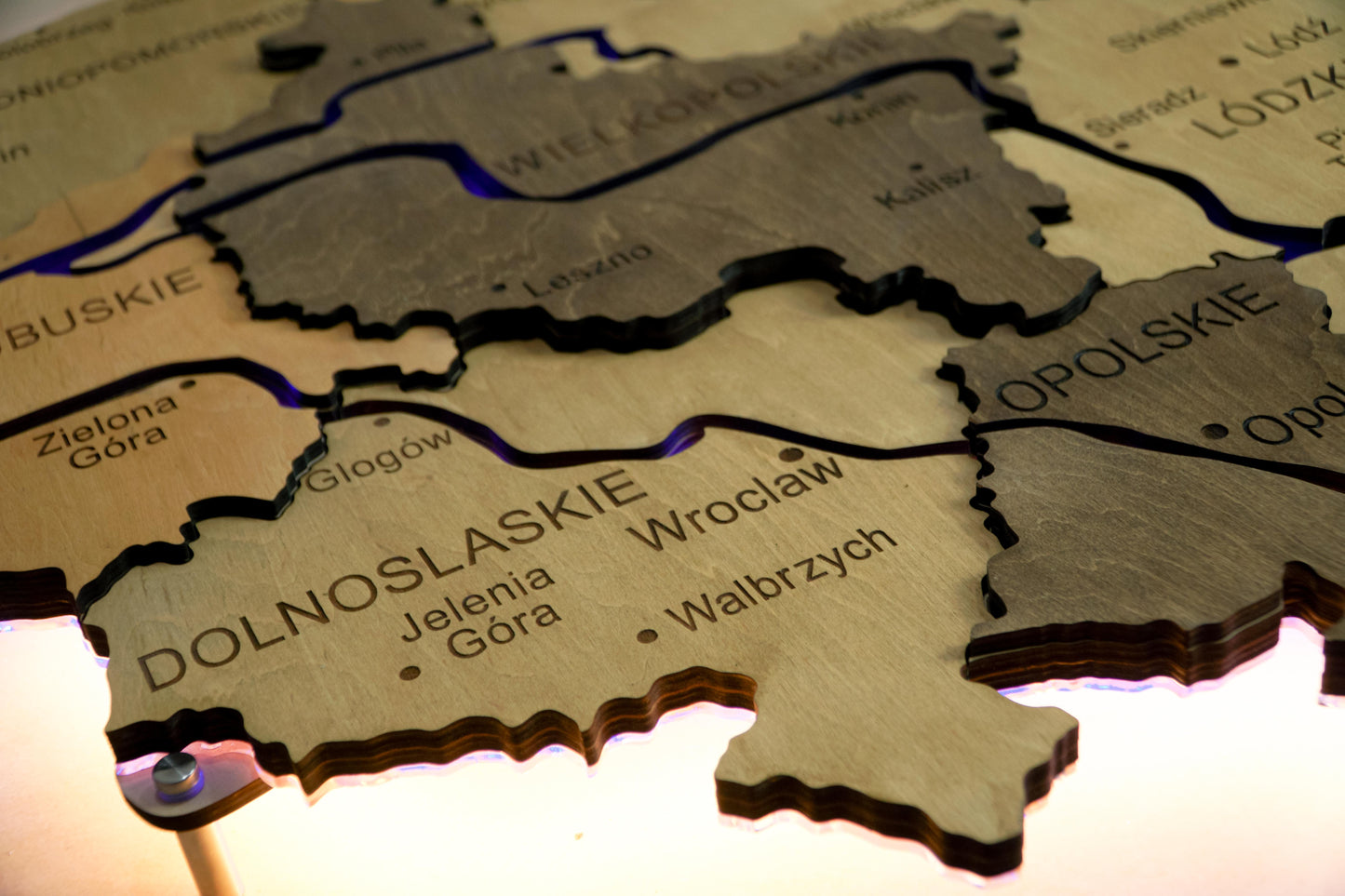 Wooden Multilayer Map of Poland with Illuminated Rivers, color Light Tree