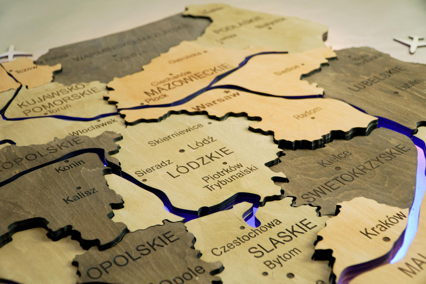 Wooden Multilayer Map of Poland with Illuminated Rivers, color Light Tree