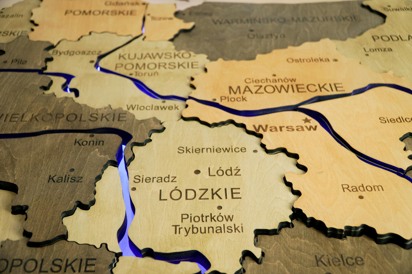 Wooden Multilayer Map of Poland with Illuminated Rivers, color Light Tree