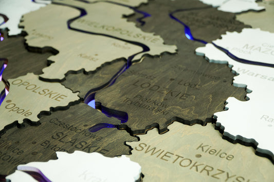 Wooden Multilayer Map of Poland with Illuminated Rivers, color Black&White