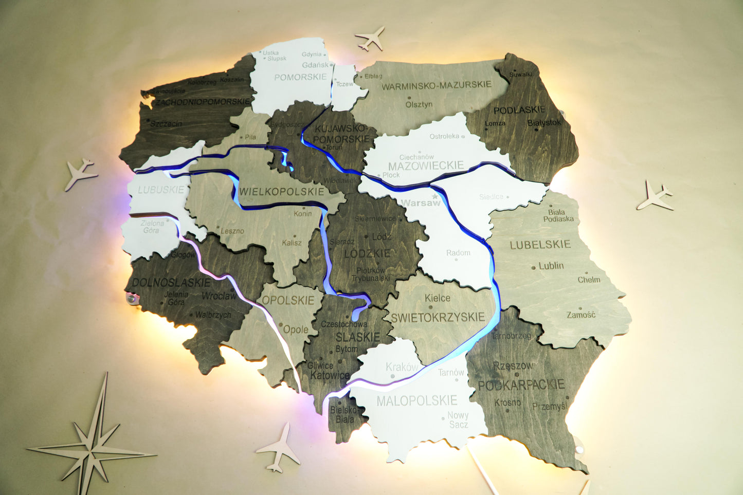 Wooden Multilayer Map of Poland with Illuminated Rivers, color Black&White