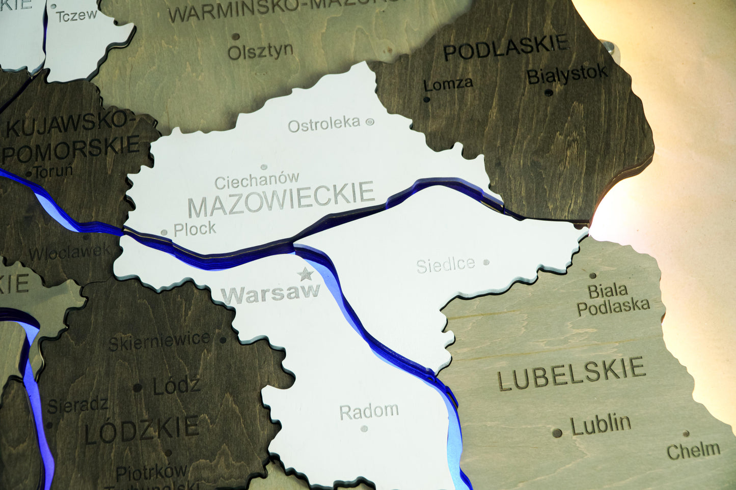 Wooden Multilayer Map of Poland with Illuminated Rivers, color Black&White