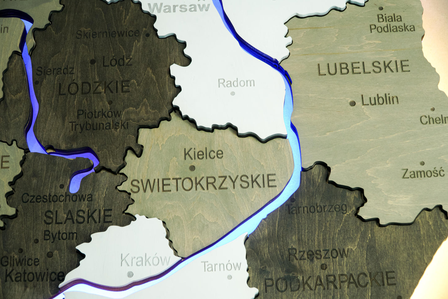 Wooden Multilayer Map of Poland with Illuminated Rivers, color Black&White